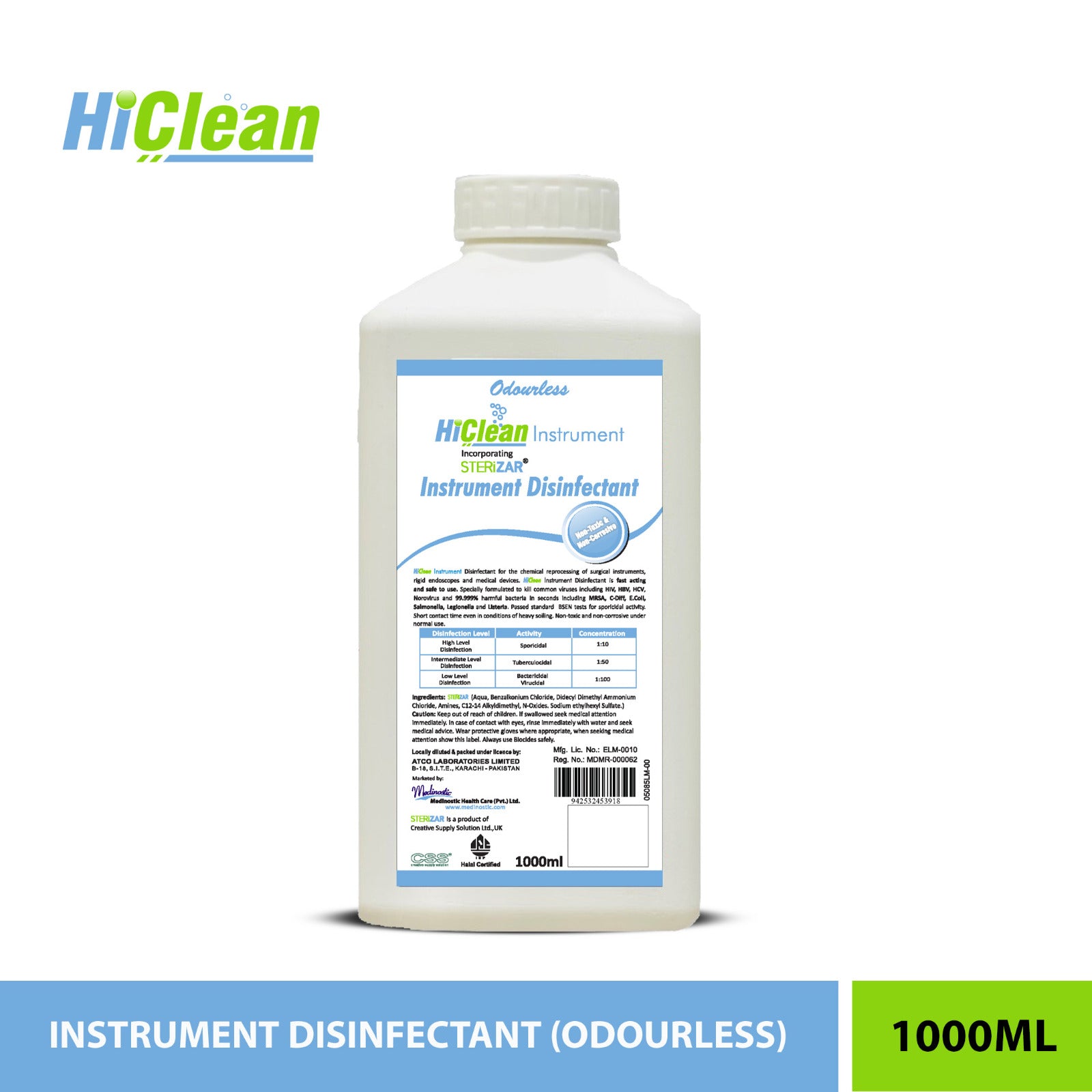 Hi Clean Sensor HiClean Instrument Disinfectant (Concentrated) - 1 Liter – Medinostic ...